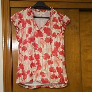 Anne Klein Coral Floral V-Neck Ruffle Sleeve Top